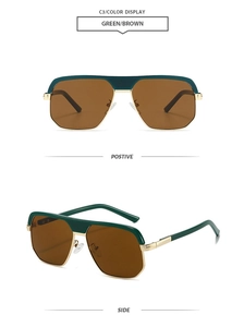 Detail view of green pilot sunglasses with brown lenses and golden metal accents