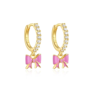 Detail of S925 silver needle bow earrings with pink enamel and gold plating finish