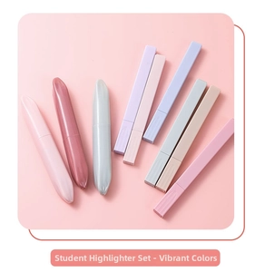 Detail view of macaron colored highlighters in bullet and rectangular shapes on pink base