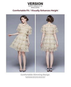 Detailed close-up showing the layered tiered skirt and delicate lace texture of the dress