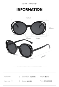 Detailed size chart for 2024 oval hollow sunglasses with precise lens and frame measurements