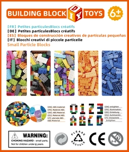 Macro view of ABS plastic building blocks with CE certification and material info