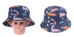 Detail of navy kids bucket hat with dinosaur prints and white adjustable chin strap
