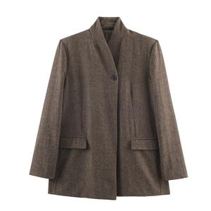 Giacca Blazer Da Donna Marrone Spina Di Pesce Monopetto Misto Lana Risvolto Ufficio Casual Capispalla