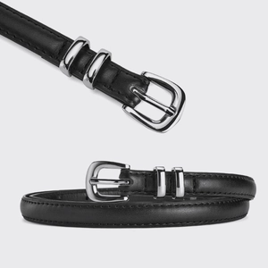 Three-piece black leather thin belt with silver buckle for women, minimalist stylish design