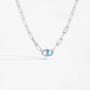 S925 sterling silver paperclip chain necklace with a light blue marquise gemstone eye pendant