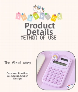 Close-up of a purple mini calculator with a cute rainbow cloud charm on a pink grid
