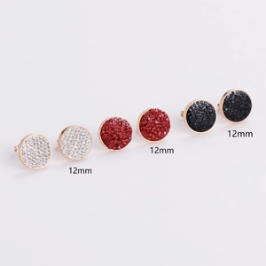 Three pairs of 12mm round sparkling rhinestone stud earrings in white, red, and black