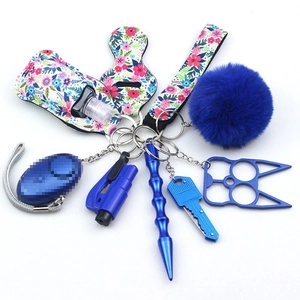 Women Self Defense Keychain Personal Safety Alarm Pom Pom Wristband Neoprene Sanitizer Holder Lipstick Sleeve Metal Kubotan