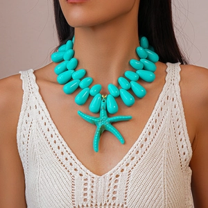 Detail of turquoise acrylic necklace featuring large starfish pendant and teardrop beads