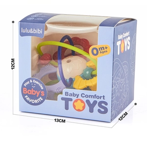 Detail showing colorful flexible teething rings and dimensions on a blue display box