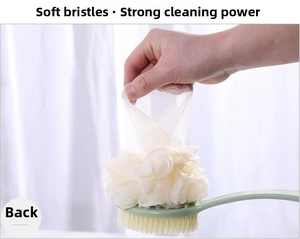 Detail showing the soft mesh sponge and bristles of the long-handled bath brush in use