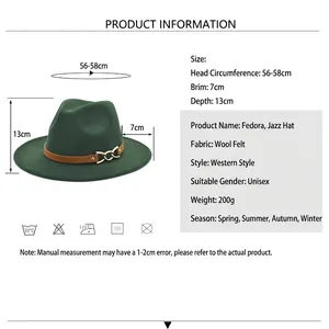 Dark green wool fedora hat with brown leather band and gold chain decoration