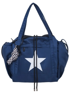 Waterproof navy nylon tote bag with large white star and checkered knot pendant