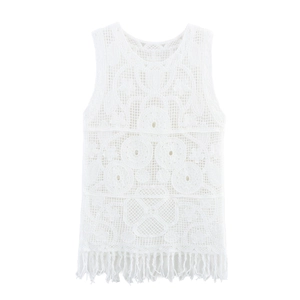 Gilet All'uncinetto Da Donna Senza Maniche Pizzo Traforato Top Con Frange Boho Spiaggia Scollo A V Maglia Bianca