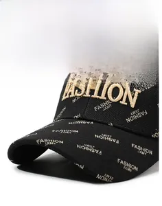 Close-up of 3D embroidery and all-over letter print on a black structured baseball cap