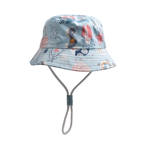Detail of baby sun hat featuring light blue sea life prints and adjustable chin strap