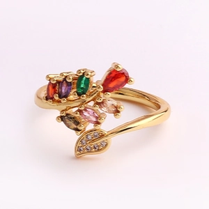 Chic gold leaf ring featuring vibrant colorful marquise gemstones and zircon pavé accents