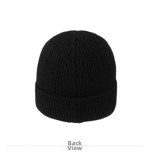 Detail view of the black ribbed knit beanie with a classic cuffed hem and warm texture