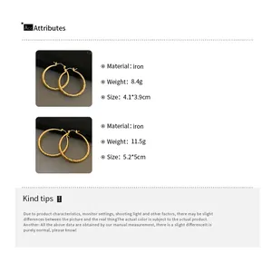 Detailed size chart showing dimensions and weights for striped metal hoop earrings