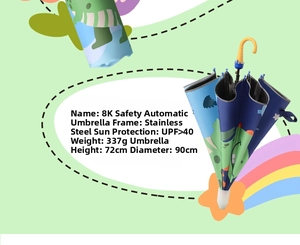 Detail of 8K automatic safety umbrella for kids with dinosaur print and UPF50+ coating