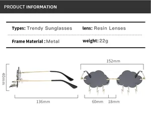 Detailed size chart of cloud-shaped rimless sunglasses with metal lightning pendants
