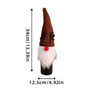 Knitted Christmas gnome wine bottle cover with dimensions 34x12.5cm in red and brown