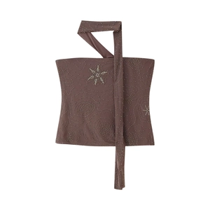 Top Halter Sexy Da Donna Con Perline Mesh Trasparente Paillettes Motivo Stella Vestibilità Aderente Marrone Corto