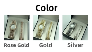 Detail view of rhinestone watch and heart bracelet set in rose gold, gold, and silver finishes