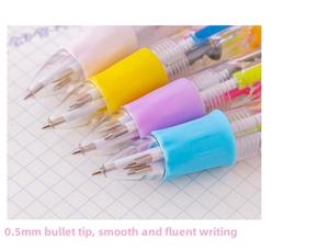 Close-up of 0.5mm bullet tip on a 4-color retractable cartoon pen for smooth writing