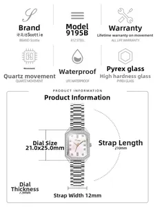 Detailed size specifications and dimensions for this luxury square steel watch