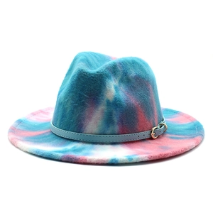 Rainbow tie-dye wool felt fedora hat with light blue leather strap and gold buckle