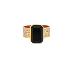 Vintage 18k gold plated brass ring featuring a large rectangular black onyx with textured band