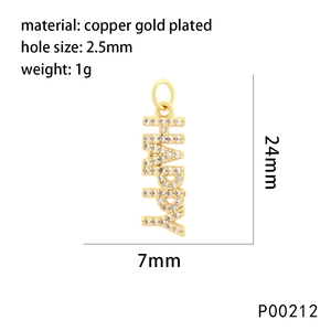 Detail of a gold plated copper 'HAPPY' pendant with inlaid zircon and size dimensions