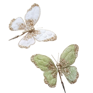 Velvet butterfly clips with gold glitter and white beads for Christmas tree decoration