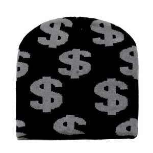 Close-up of black knitted beanie with grey dollar sign pattern and soft ribbed texture