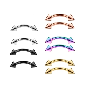 F136 titanium curved barbells with spikes in silver, black, rose gold, and rainbow finishes