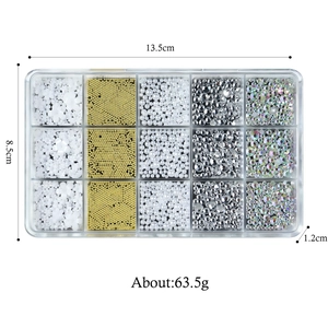 15-grid nail art resin charms kit with white flowers, pearls and Aurora rhinestones