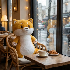 Gros plan d'une peluche Shiba Inu douce avec broderie de patte rose sur chaise