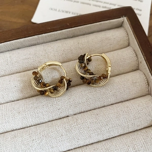 Vintage tiger eye stone gold hoop earrings with twisted metal chain and brown beads