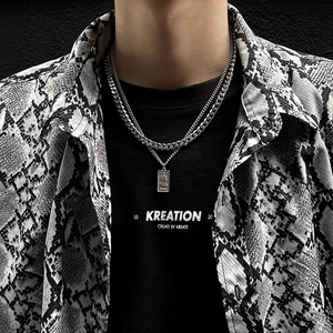 Double Layer Stainless Steel Pendant Necklace Retro Cuban Chain Rectangle Portrait Engraved Hip Hop Jewelry For Men