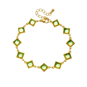 Vintage gold plated stainless steel bracelet with square green glass stones for women