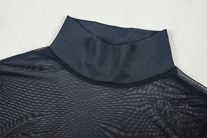 Close-up of black sheer mesh long sleeve dress with high collar and pleated texture