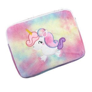Rainbow tie-dye plush unicorn tablet sleeve with soft embroidery and white zipper closure