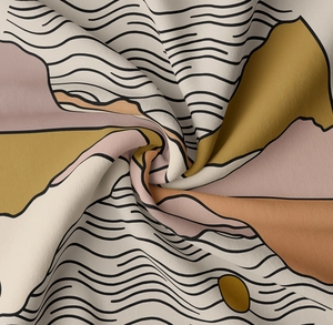 Gros plan de tapisserie abstraite aux tons terreux montrant la texture douce du tissu décor