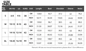 Size chart for the elegant long dress with dimensions in CM and INCH for S to XL