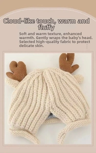 Detail of plush knit baby hat featuring cute deer antlers and soft thermal fabric