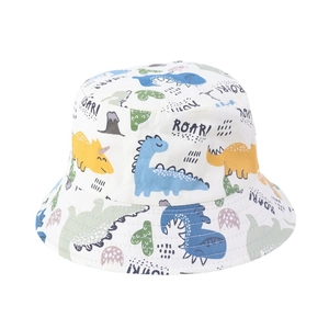 Close-up of cotton baby sun hat featuring colorful cartoon dinosaur patterns and Roar text