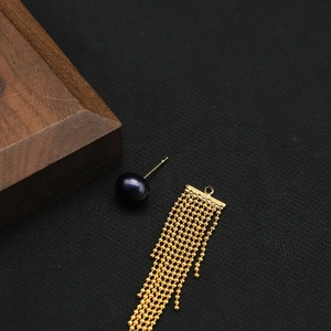 Elegant gold plated 18k tassel earrings with natural dark pearl studs in luxury style