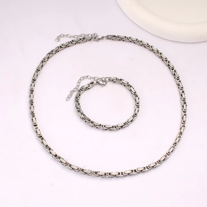 Detail view of hip-hop style silver stainless steel necklace and bracelet jewelry set